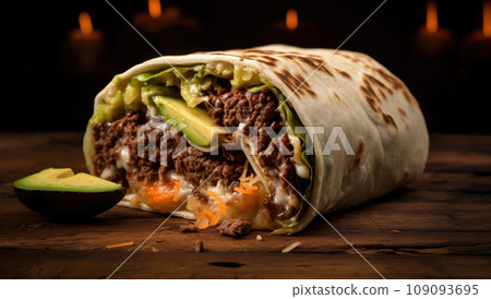 Burrito, Mexican and Tex-Mex food, flour tortilla with chili con carne filling Burrito, Mexican and Tex-Mex food, flour tortilla with chili con carne filling 109093695