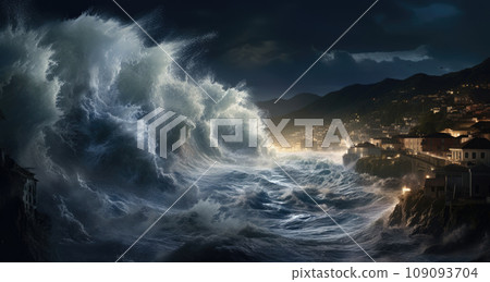 Apocalyptic dramatic background - giant tsunami waves crashing small coastal town 109093704