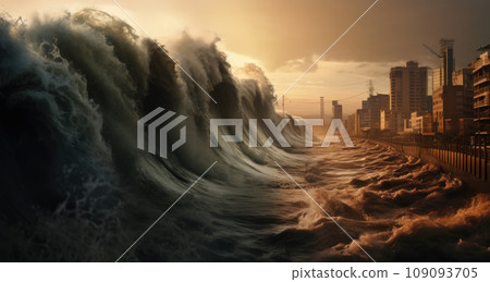 Apocalyptic dramatic background - giant tsunami waves crashing small coastal town 109093705