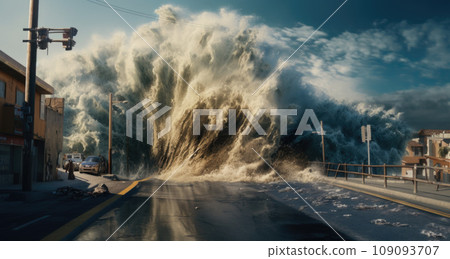 Apocalyptic dramatic background - giant tsunami waves crashing small coastal town Apocalyptic dramatic background - giant tsunami waves crashing small coastal town 109093707