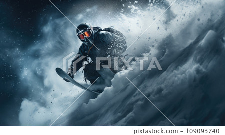 Young man snowboarder running down the slope in Alpine mountains. Winter sport and recreation, leisure outdoor activities Young man snowboarder running down the slope in Alpine mountains. Winter sport and recreation, leisure outdoor activities 109093740