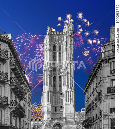 Celebratory colorful fireworks over the Saint-Jacques Tower (Tour Saint-Jacques). Located on Rivoli street, Paris, France. This 52 m Flamboyant Gothic tower (XVI century) Celebratory colorful fireworks over the Saint-Jacques Tower (Tour Saint-Jacques). Located on Rivoli street, Paris, France. This 52 m Flamboyant Gothic tower (XVI century) 109093782