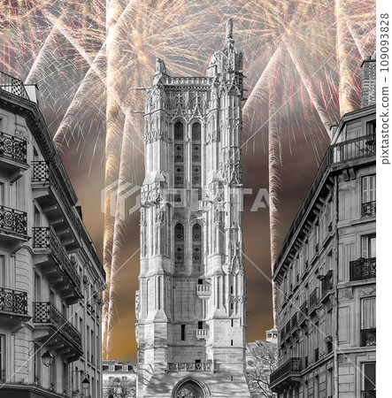 Celebratory colorful fireworks over the Saint-Jacques Tower (Tour Saint-Jacques). Located on Rivoli street, Paris, France. This 52 m Flamboyant Gothic tower (XVI century) Celebratory colorful fireworks over the Saint-Jacques Tower (Tour Saint-Jacques). Located on Rivoli street, Paris, France. This 52 m Flamboyant Gothic tower (XVI century) 109093828