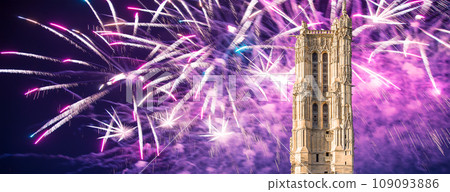 Celebratory colorful fireworks over the Saint-Jacques Tower (Tour Saint-Jacques). Located on Rivoli street, Paris, France. This 52 m Flamboyant Gothic tower (XVI century) Celebratory colorful fireworks over the Saint-Jacques Tower (Tour Saint-Jacques). Located on Rivoli street, Paris, France. This 52 m Flamboyant Gothic tower (XVI century) 109093886