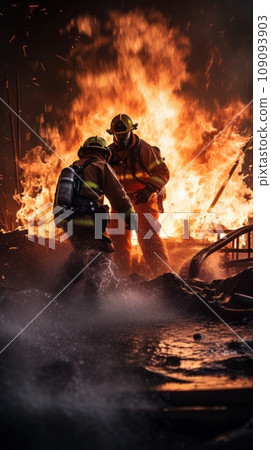 Firefighters next to a fire truck extinguishing a fire Firefighters next to a fire truck extinguishing a fire 109093903