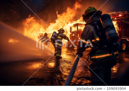 Firefighters next to a fire truck extinguishing a fire Firefighters next to a fire truck extinguishing a fire 109093904