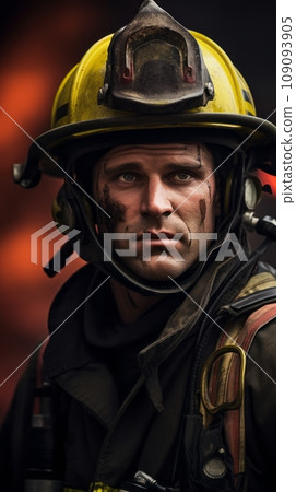 Firefighter's face in soot and grime Firefighter's face in soot and grime 109093905