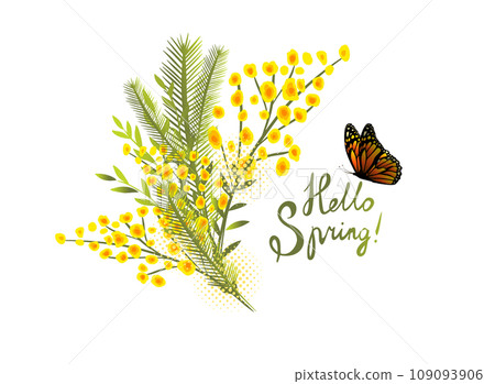 Yellow mimosa, flowers of yellow spots, splashes. Spring wreath of the brightest yellow flowers. Hello Spring. hand drawing. Not AI, Yellow mimosa, flowers of yellow spots, splashes. Spring wreath of the brightest yellow flowers. Hello Spring. hand drawing. Not AI, 109093906