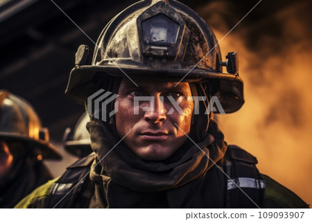 Firefighter's face in soot and grime 109093907