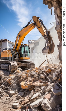 Construction equipment removes rubble after earthquake Construction equipment removes rubble after earthquake 109093908