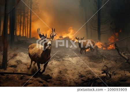 Moose fleeing from forest fire Moose fleeing from forest fire 109093909