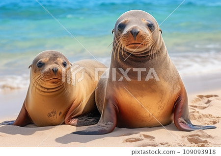 Sea Lion Family in sand lying on beach 109093918