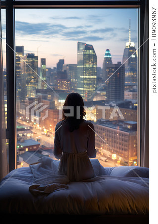 back view of young female wake up at luxury hotel room or apartment, woman by panoramic window, city and skyscrapers back view of young female wake up at luxury hotel room or apartment, woman by panoramic window, city and skyscrapers 109093967