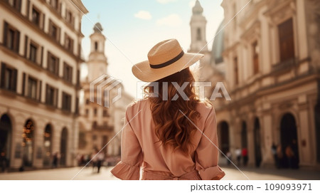 woman tourist walking old European city, person at Europe summer vacation, female travel by streets of Italy or France 109093971