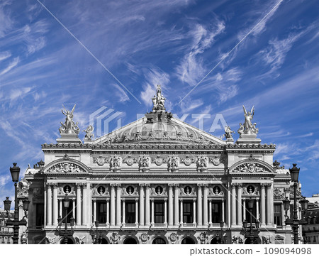 Opera Garnier (Garnier Palace) against the background of a beautiful sky with clouds, Paris, France. Translation Opera Garnier (Garnier Palace) against the background of a beautiful sky with clouds, Paris, France. Translation 109094098