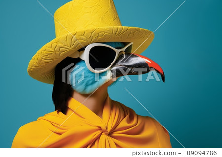 Fashionable bright girl in a toucan mask Fashionable bright girl in a toucan mask 109094786