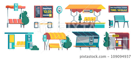Cartoon transport station. Railway terminal with waiting seats, subway city bus and taxi station with timetable. Vector set 109094937
