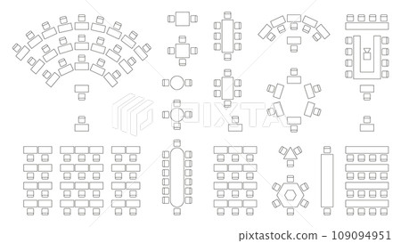 Wedding seating plan. Conference banquet and seminar classroom interior, conference hall and seminar room interior design. Vector top view of arrangement Wedding seating plan. Conference banquet and seminar classroom interior, conference hall and seminar room interior design. Vector top view of arrangement 109094951
