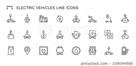 Electric car line icons. Electric vehicle charging and parking, hybrid electric car line and station, eco transportation concept. Vector set Electric car line icons. Electric vehicle charging and parking, hybrid electric car line and station, eco transportation concept. Vector set 109094986
