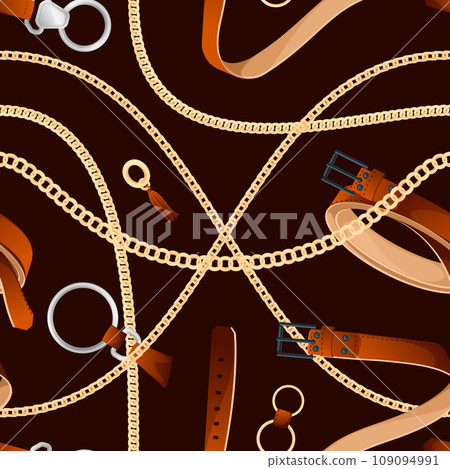 Fashion pattern with belts and chains. Seamless print of luxury accessories, trendy retro chic fashion style. Vector texture Fashion pattern with belts and chains. Seamless print of luxury accessories, trendy retro chic fashion style. Vector texture 109094991
