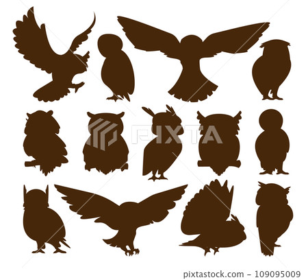 Owl silhouettes. Flying black bird icons for logotype design, nature predator flying silhouettes for tattoo, night owl symbol. Vector isolated set Owl silhouettes. Flying black bird icons for logotype design, nature predator flying silhouettes for tattoo, night owl symbol. Vector isolated set 109095009