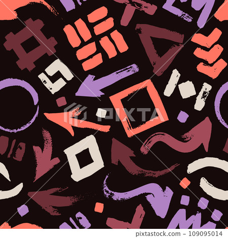 Brush geometric figures pattern. Seamless print of abstract brush strokes with irregular shapes. Modern scribble texture Brush geometric figures pattern. Seamless print of abstract brush strokes with irregular shapes. Modern scribble texture 109095014