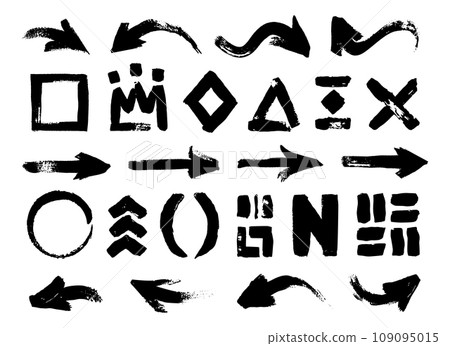 Dry brush figures. Doodle brush strokes and smudge marks of various shapes and sizes, abstract paint brush and texture elements. Vector isolated set 109095015