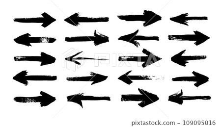Grunge brush arrows. Abstract dry paint marker stroke direction signs, black splatter cursor. Vector marker strokes isolated set Grunge brush arrows. Abstract dry paint marker stroke direction signs, black splatter cursor. Vector marker strokes isolated set 109095016