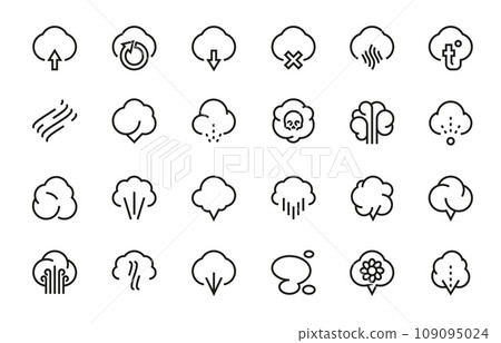 Smell line icons. Outline smell elements for logo design, breath smoke fog steam aroma fume and odor symbol. Vector breath pictograms collection 109095024