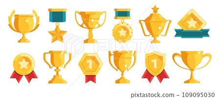 Golden trophy and awards icons. Competition achievement medal flat design, trophy cup and medal ribbons for award ceremony concept. Vector set Golden trophy and awards icons. Competition achievement medal flat design, trophy cup and medal ribbons for award ceremony concept. Vector set 109095030