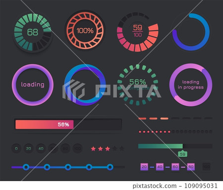 Loading bar ui. User interface progress indicator, mobile phone web page download, software upload status, battery charge indicator. Vector web page loading set Loading bar ui. User interface progress indicator, mobile phone web page download, software upload status, battery charge indicator. Vector web page loading set 109095031