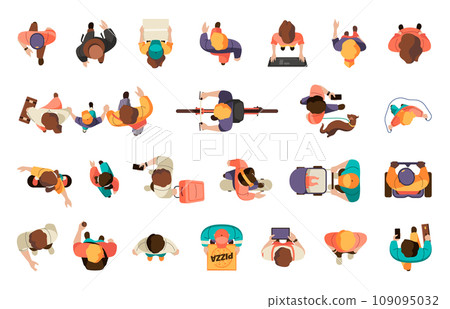 People view from above. People from air. Cartoon characters from air, persons on bike, woman with baby, man on scooter, teen on skateboard and others. Vector isolated set People view from above. People from air. Cartoon characters from air, persons on bike, woman with baby, man on scooter, teen on skateboard and others. Vector isolated set 109095032