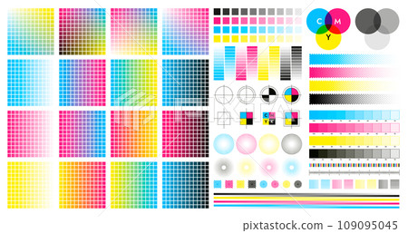 CMYK color marks. Color registration and adjustment marks for printing, prepress and screen printing. Vector CMYK tone palette isolated set 109095045