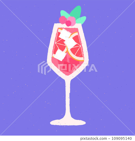 Cold drink with berries and grapefruit. Alcohol cocktail in glass. Vector with texture 109095140
