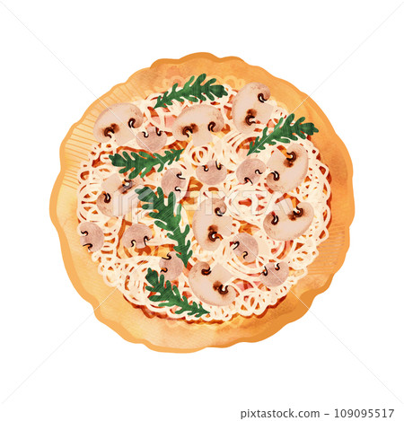 Pizza with champignons and arugula on thick dough. Isolated watercolor illustration on white background for menus and recipes. Pizza with champignons and arugula on thick dough. Isolated watercolor illustration on white background for menus and recipes. 109095517