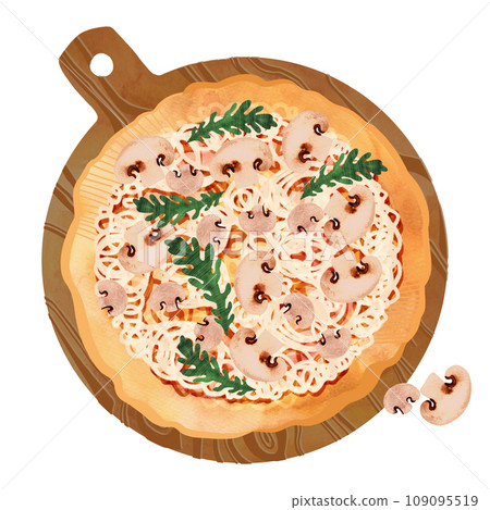 Pizza with champignons and arugula on thick dough on a round wooden serving board. Isolated watercolor illustration on white background for menus and recipes. 109095519