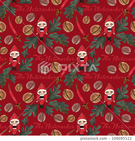 Nutcracker and nuts. Seamless watercolor pattern for New Year and Christmas wrapping paper. Vintage style gifts for children under the Christmas tree. Nutcracker and nuts. Seamless watercolor pattern for New Year and Christmas wrapping paper. Vintage style gifts for children under the Christmas tree. 109095522