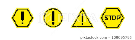 8 bit caution road sign icon. Pixel error retro banner. 8 bit caution road sign icon. Pixel error retro banner. 109095795