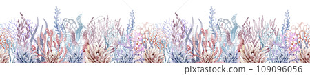 Underwater sea border. Watercolor corals and seashells on isolated background for banner. Flora of the ocean marine nature. Undersea horizontal ornament. Underwater sea border. Watercolor corals and seashells on isolated background for banner. Flora of the ocean marine nature. Undersea horizontal ornament. 109096056