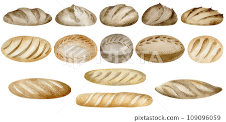 Bread baking clipart. Watercolor illustration of food on an isolated background. A set of individual elements of wheat buns and baguettes for menu and logo design. Bread baking clipart. Watercolor illustration of food on an isolated background. A set of individual elements of wheat buns and baguettes for menu and logo design. 109096059