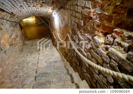Old brick cellar with large vault ceiling and muddy floor. Old brick cellar with large vault ceiling and muddy floor. 109096084
