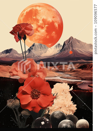 Minimalistic collage of flowers, with snowy mountains and huge red planet in the sky. Surreal collage-style paintings. High quality illustration 109096577