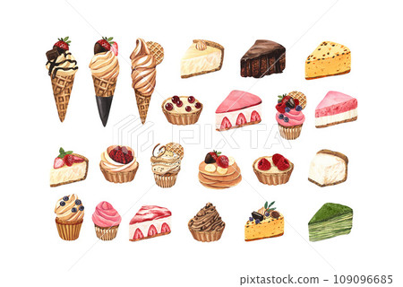 Set desserts, colorful sweet cakes slices pieces of cheesecake with berries and soft ice cream waffle cone with cookie and strawberry. Watercolor hand-drawn illustration isolated on white background 109096685