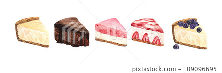 Set desserts, colorful sweet cakes slices pieces of cheesecake with fresh blueberries and chocolate cake. Watercolor hand-drawn illustration isolated on white background Set desserts, colorful sweet cakes slices pieces of cheesecake with fresh blueberries and chocolate cake. Watercolor hand-drawn illustration isolated on white background 109096695