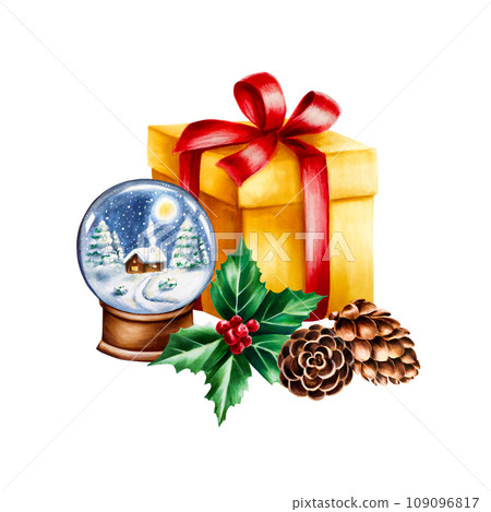 Watercolor christmas composition with gift, glass snowball globe, cones and holly berries illustration. New year gold present box with red bow isolated on white background. For designers, decoration 109096817