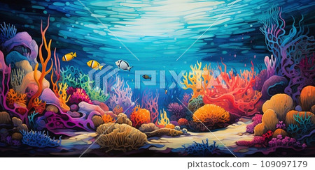 Colorful coral reef underwater, a ridge of rock in the sea formed by the growth and deposit of coral, nature concept 109097179