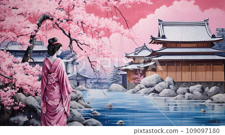 Portrait of Japan geisha with pink sakura, a Japanese hostess trained to entertain men with conversation, dance, and song 109097180