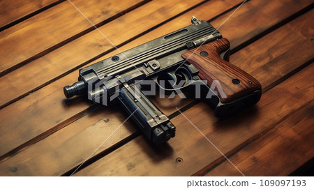 Detail to sub machine gun on the table, military weapon concept Detail to sub machine gun on the table, military weapon concept 109097193