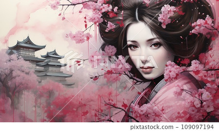 Portrait of Japan geisha with pink sakura, a Japanese hostess trained to entertain men with conversation, dance, and song 109097194