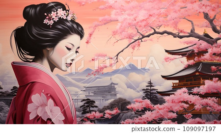 Portrait of Japan geisha with pink sakura, a Japanese hostess trained to entertain men with conversation, dance, and song Portrait of Japan geisha with pink sakura, a Japanese hostess trained to entertain men with conversation, dance, and song 109097197